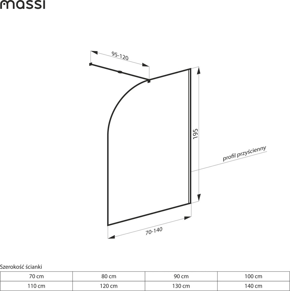 Ścianka prysznicowa WALK IN FIX przezroczysta półokrągła ryflowana 8 mm WELLE Moon Clear MASSI | Różne rozmiary : Kolor profili kabiny - złoty, Szerokość ścianki - 100 cm, Typ montażu - WALK in FIX (Do ściany)