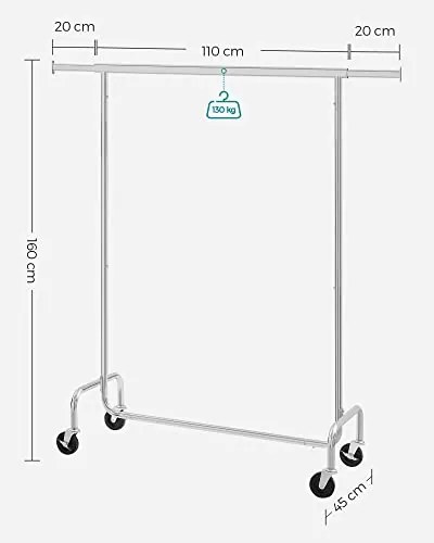 SongmicsHome Wieszak na ubrania IRENE na kółkach, max. 130 kg, 150x45x160 cm, srebrny