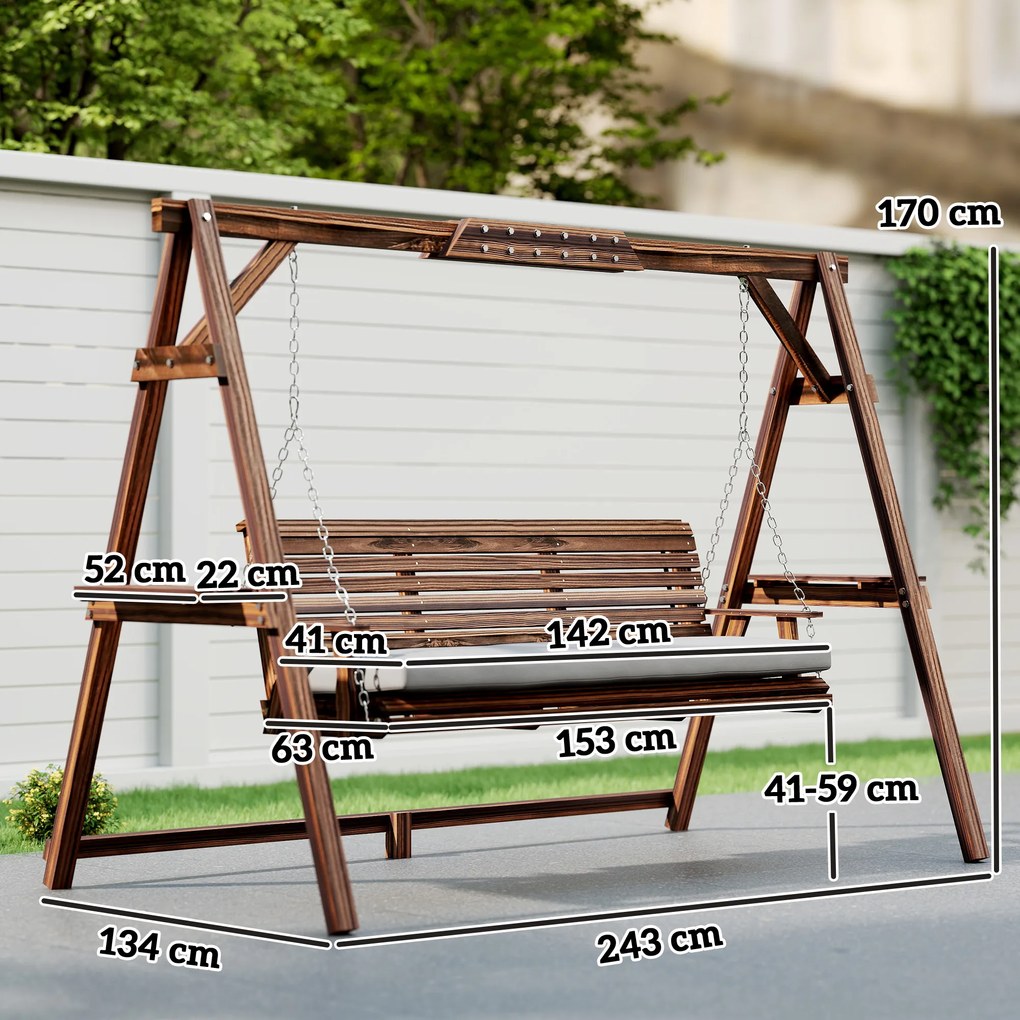 Outsunny huśtawka ogrodowa drewniana 3 osobowa z poduszką i półkami wytrzymała huśtawka ogrodowa do 330 kg | Aosom PL
