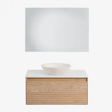 Zestaw Mebli Łazienkowych Z Drewna Jesionowego Tedrik Popielaty Brąz & Cement Okrągły Biały Ø40 Cm - Sklum
