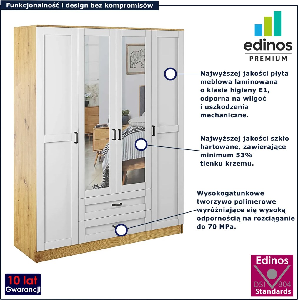 Czterodrzwiowa szafa z lustrem dąb artisan + biały E5-B29