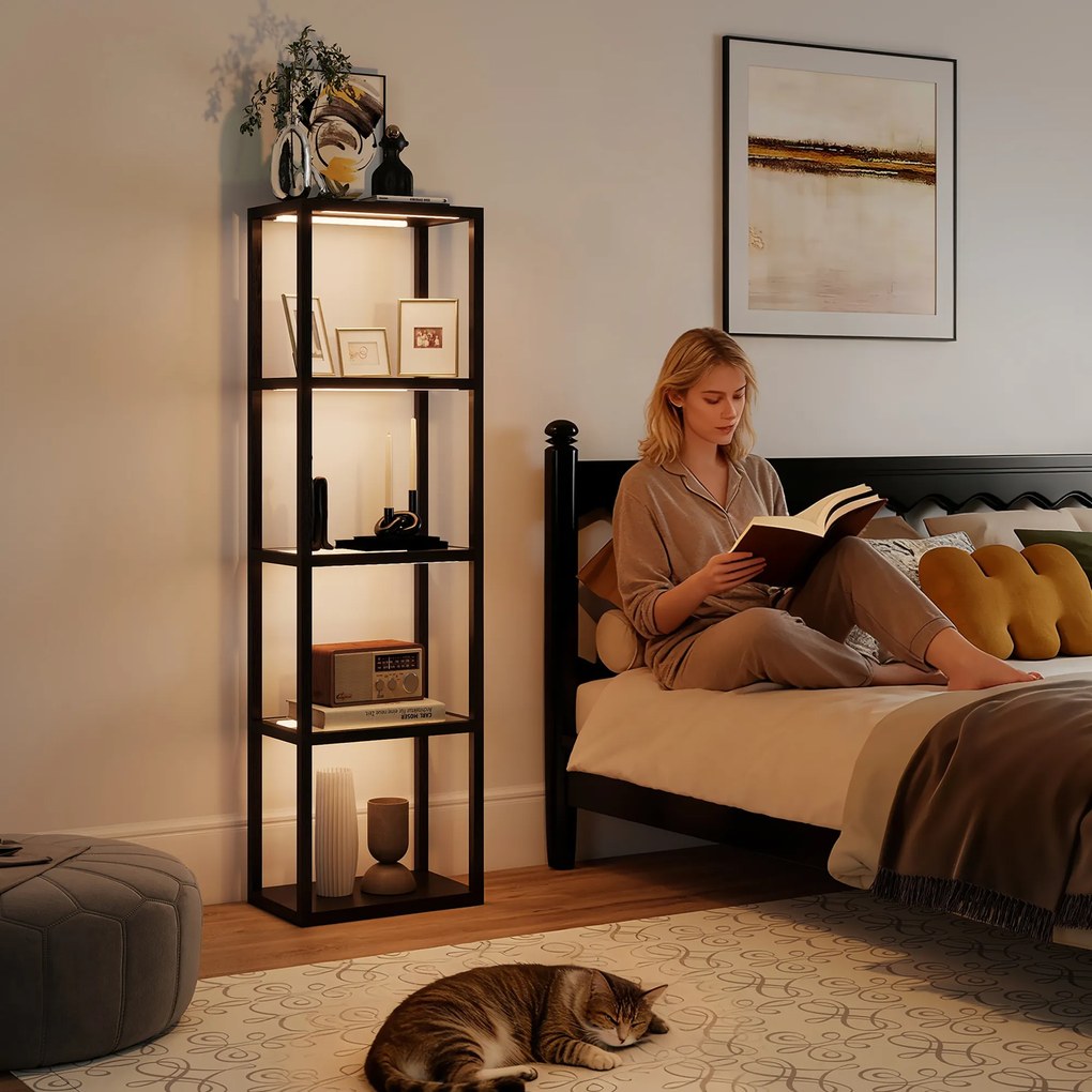 HOMCOM RGB lampa stojąca z szklanymi półkami, 4-poziomowa lampa LED z pilotem, synchronizacja muzyki, czarna