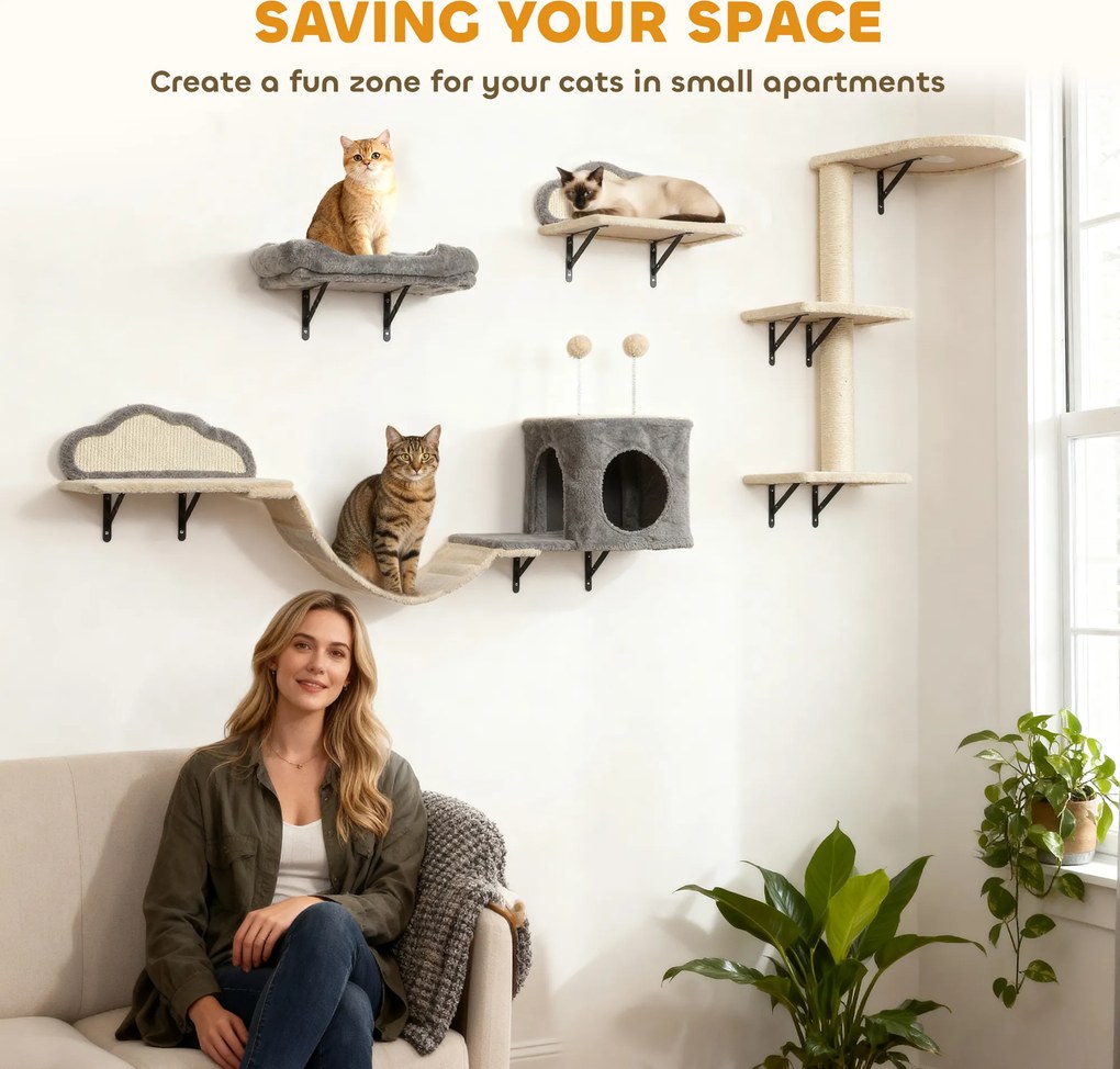 PawHut Zestaw drapaka montowanego na ścianie, powierzchnie ze sizalu, 4 części, dla 1-3 kotów, Beżowy