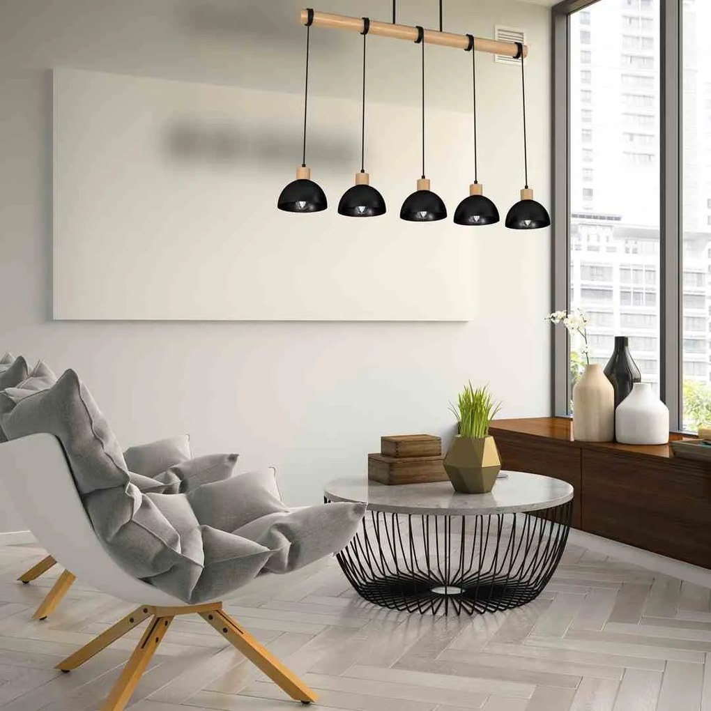 Lampa wisząca, czarna, drewno, 5 kloszy ERIK Black/Wood 5xE27