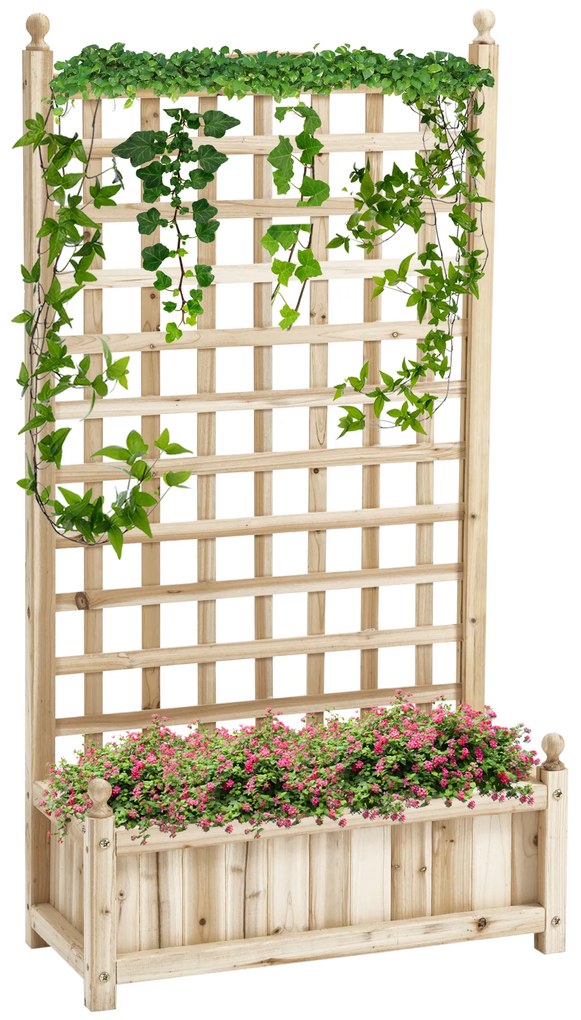 Outsunny drewniana skrzynia ogrodowa na kwiaty z kratką na pnącza ławka ogrodowa z otworami drenażowymi 64x28x120cm naturalny kolor | Aosom PL