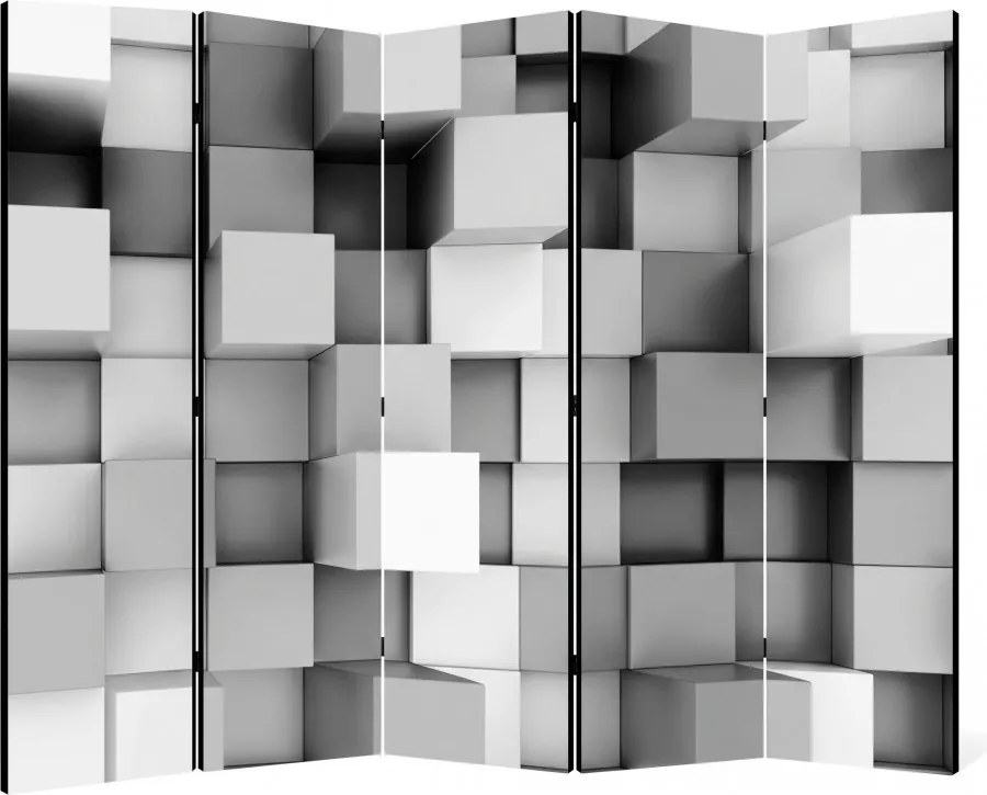 Parawan pokojowy 5-częściowy 225x172 Dwustronny dekoracyjny nowoczesny geometryczny Szary Szare Sześciany 3D