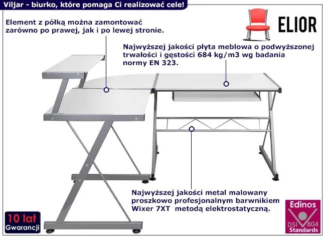 Białe komputerowe duże biurko narożne z nadstawką - Viljar