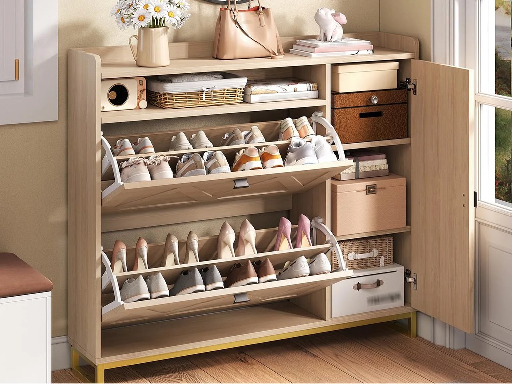 Szafa na buty 110x24x100 cm - 2 drzwi uchylne i 1 drzwi boczne - Otwarte półki - Konstrukcja metalowa - Naturalny