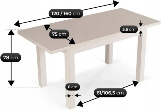 Stół Prostokątny Rozkładany SKUBI 120-160 cm Kaszmir Nowoczesny