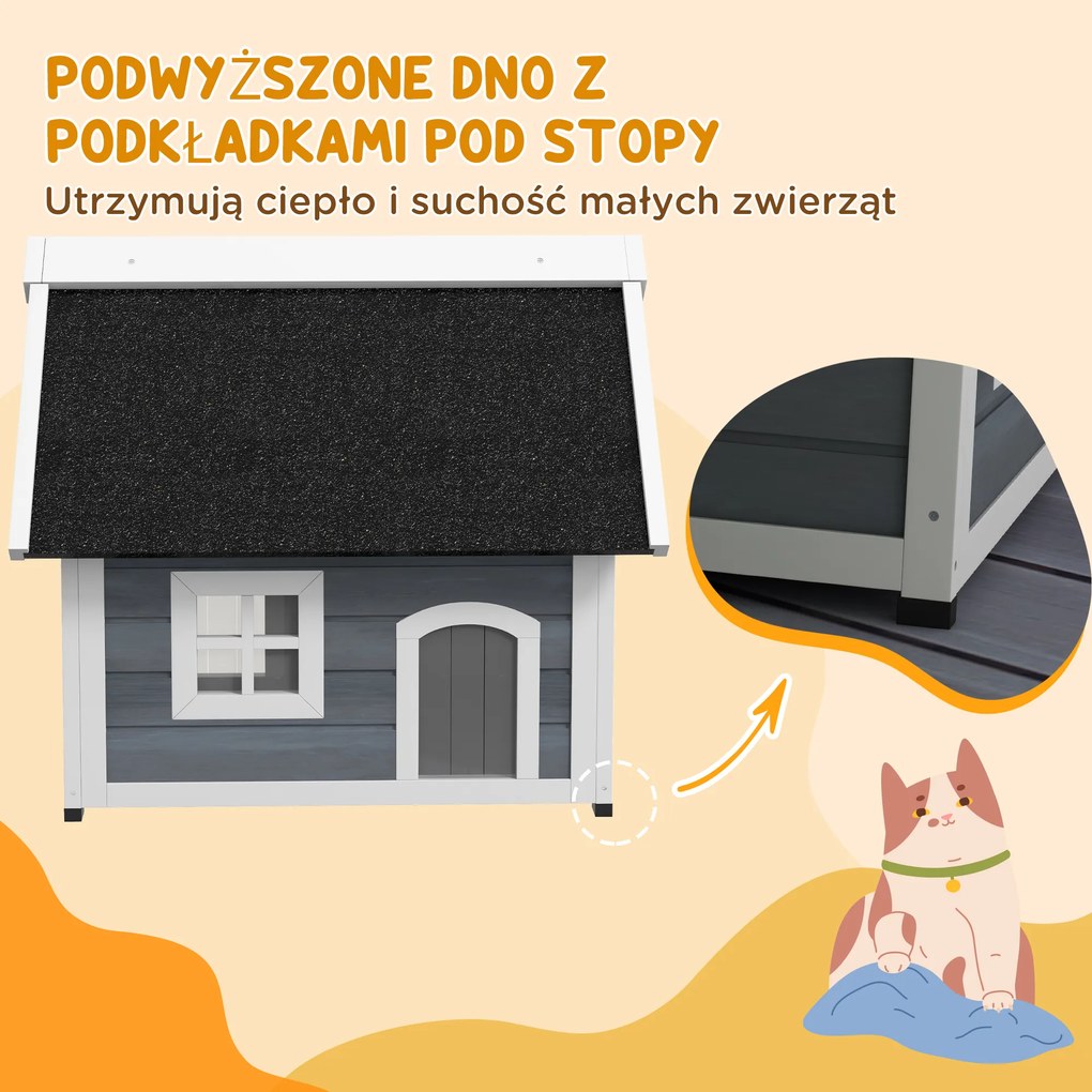 PawHut domek dla kota odporny na warunki atmosferyczne z oknem szary czarny legowisko dla kota na zewnątrz | Aosom PL