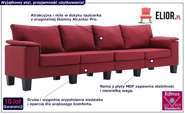 4-osobowa sofa czerwone wino z podłokietnikami - Ekilore 4Q