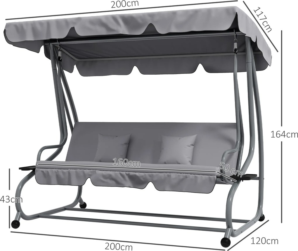 Outsunny huśtawka ogrodowa 3 osobowa 2 w 1, 200cm, do 340kg, stal, szary | Aosom PL