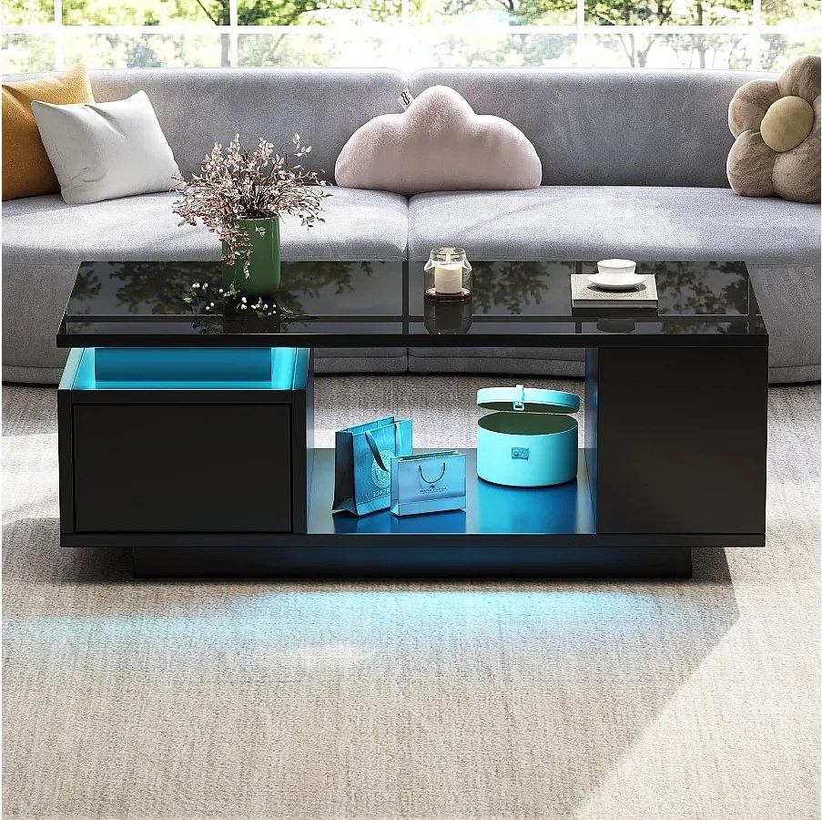 Stolik kawowy lakierowany - 100 x 50 x 36 cm - z szufladą + diody LED + 4 schowki - płyta wiórowa - czarny