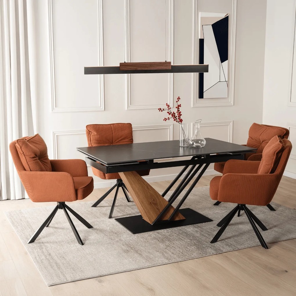 Stół Rozkładany Prostokątny REX 160-220 cm Ceramiczny Czarny Marmur/Orzech do Jadalni Nowoczesny Loft