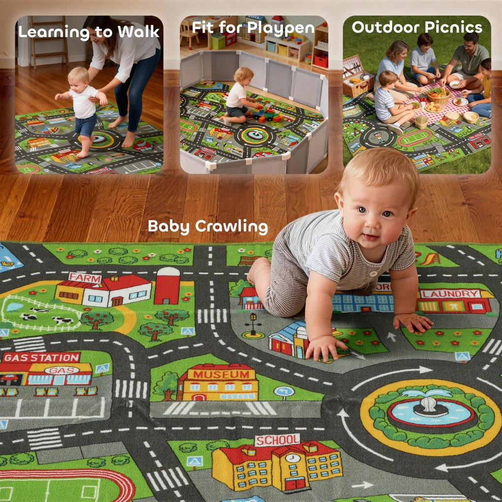 AIYAPLAY Mata do zabawy dla dzieci, mata 200x150x0,5 cm, antypoślizgowa mata z motywem miasta do pokoju dziecięcego | Aosom PL