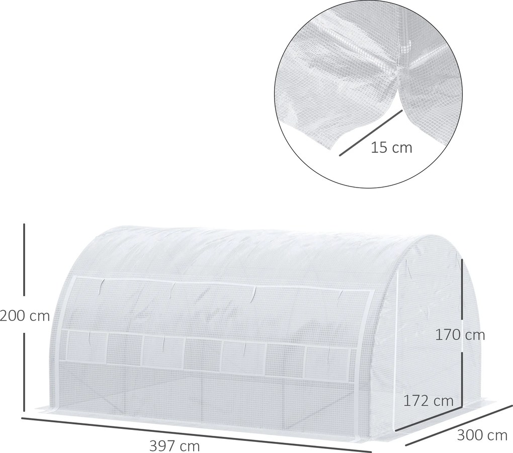 Outsunny Szklarnia Tunelowa, Przechodnia, Ściany Rozwijane, Drzwi na Zamek, Rama Ocynkowana, 4 x 3 x 2 m, Biała