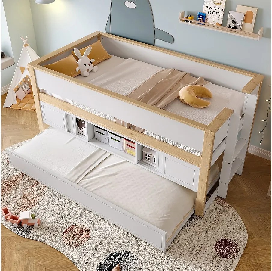 Łóżko dziecięce 90x200 cm - z łóżkiem wysuwanym 90x190 cm, schowkiem - białe - materac nie jest wliczony w cenę