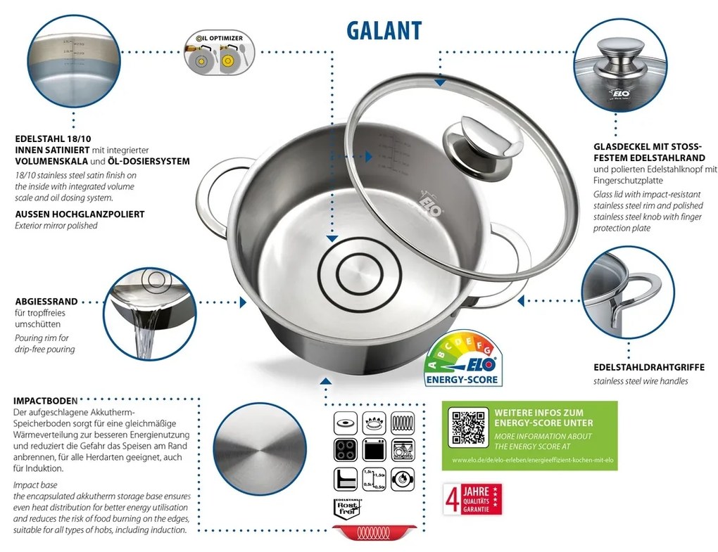 Elo 72540 Garnek ze stali nierdzewnej Galant 20cm, 2,7 l, 2,7 l