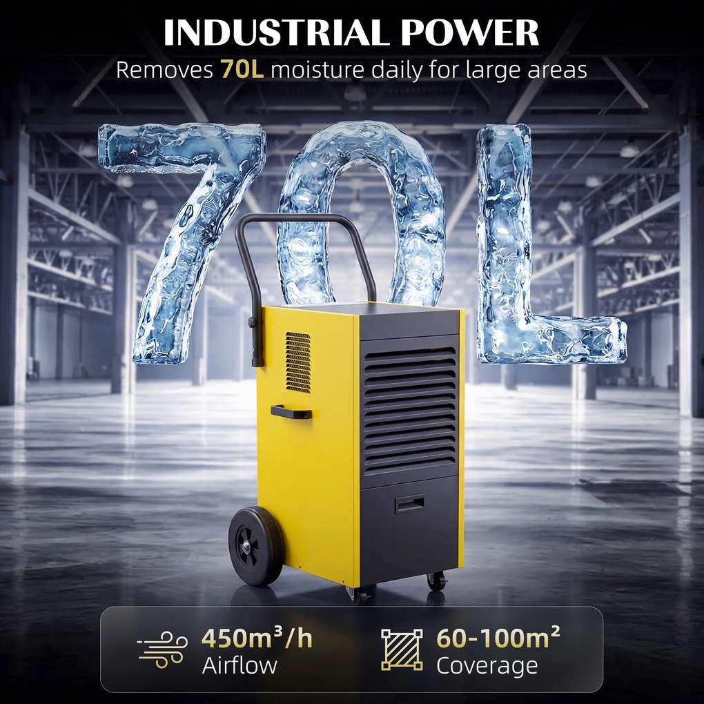 DURHAND Przemysłowy osuszacz powietrza 70L/dzień z kołami i uchwytem, wężem odpływowym, timerem 24-godzinnym, zbiornikiem 5,5L, żółty | Aosom PL