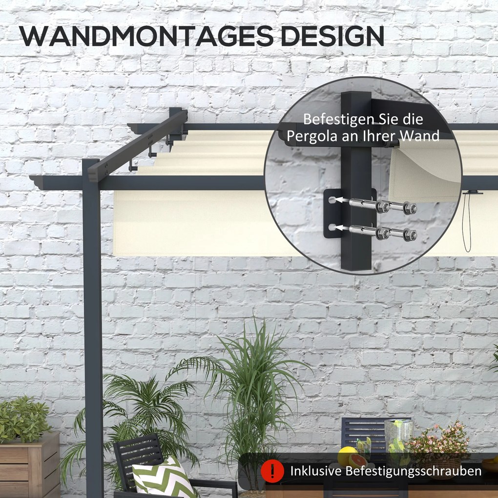 Outsunny Pawilon Ogrodowy 3 x 3m, Rozsuwany Dach, Montaż Ścienny, Metalowa Rama, Kremowy