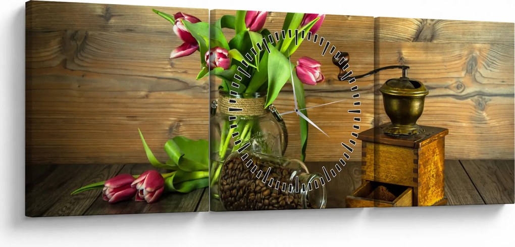 Obraz - tulipany, młynek i kawa (z zegarem) (90x30 cm)