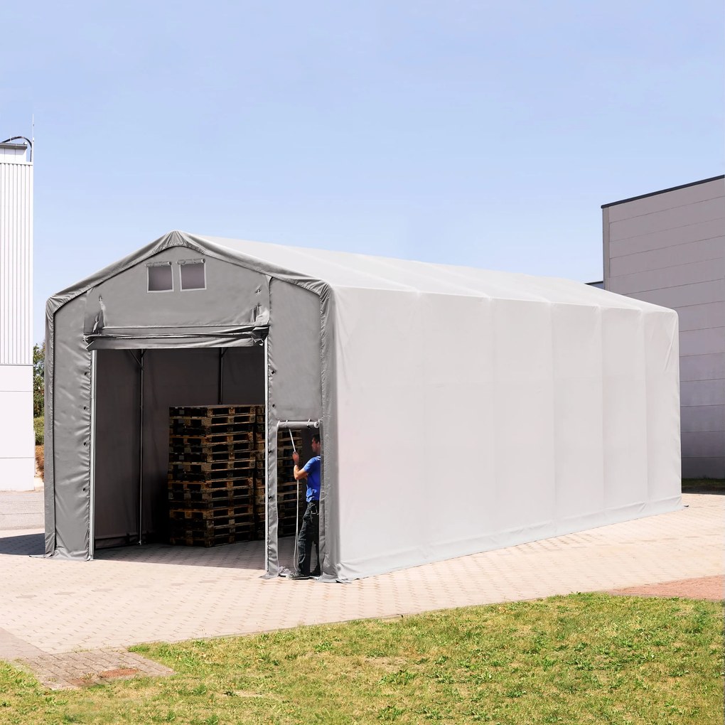 TOOLPORT 6x12m Hala namiotowa - 4,0 m wysokość ścian bocznych z podciąganą do góry bramą, PVC 850, szary, bez statyki - (79921)