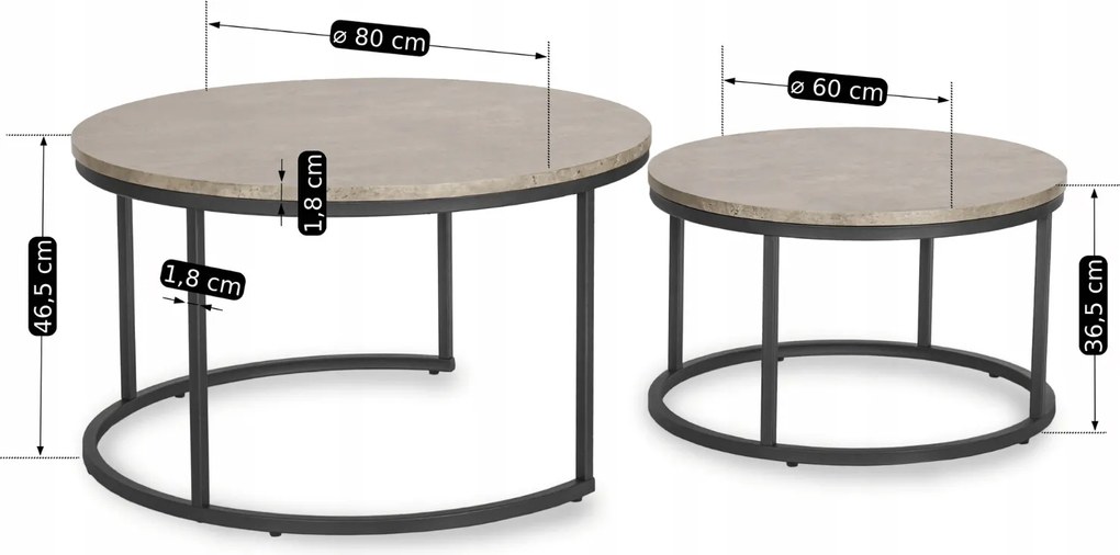 Zestaw Stolików Kawowych ROCKY MAX 60 cm/80 cm Szary Beton Nowoczesny Loft