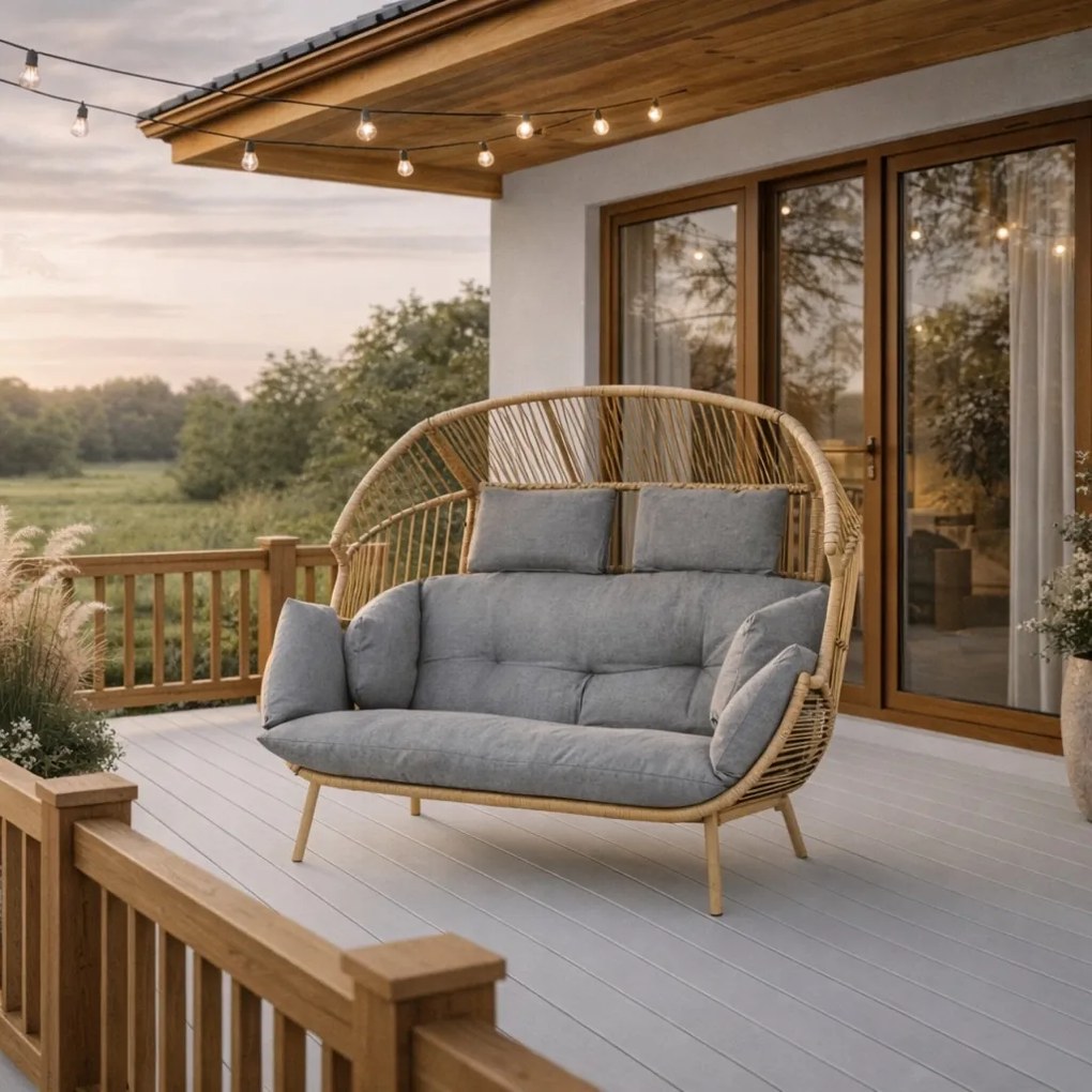 Fotel ogrodowy 2-osobowy kokon Belira, technorattan, boho, z szarymi poduszkami