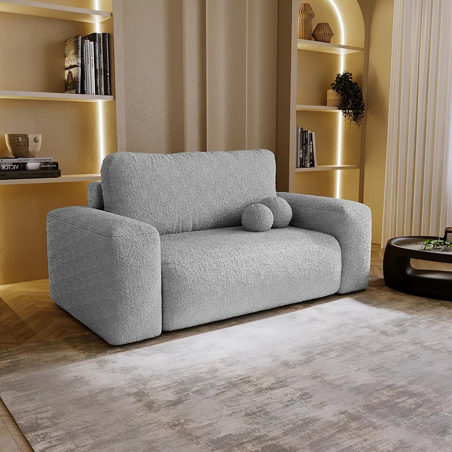 BESILIO Sofa rozkładana tapicerowana Ornello- okrągłe poduszki, sofa dwuosobowa, z funkcją spania, kanapa wolnostojąca, boucle - Jasnoszary
