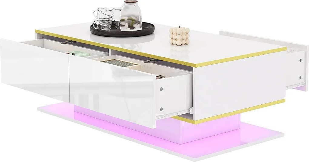 Nowoczesny stolik kawowy z połyskiem - 100 x 50 x 40 cm - z 3 szufladami + diody LED + USB - płyta wiórowa - biały