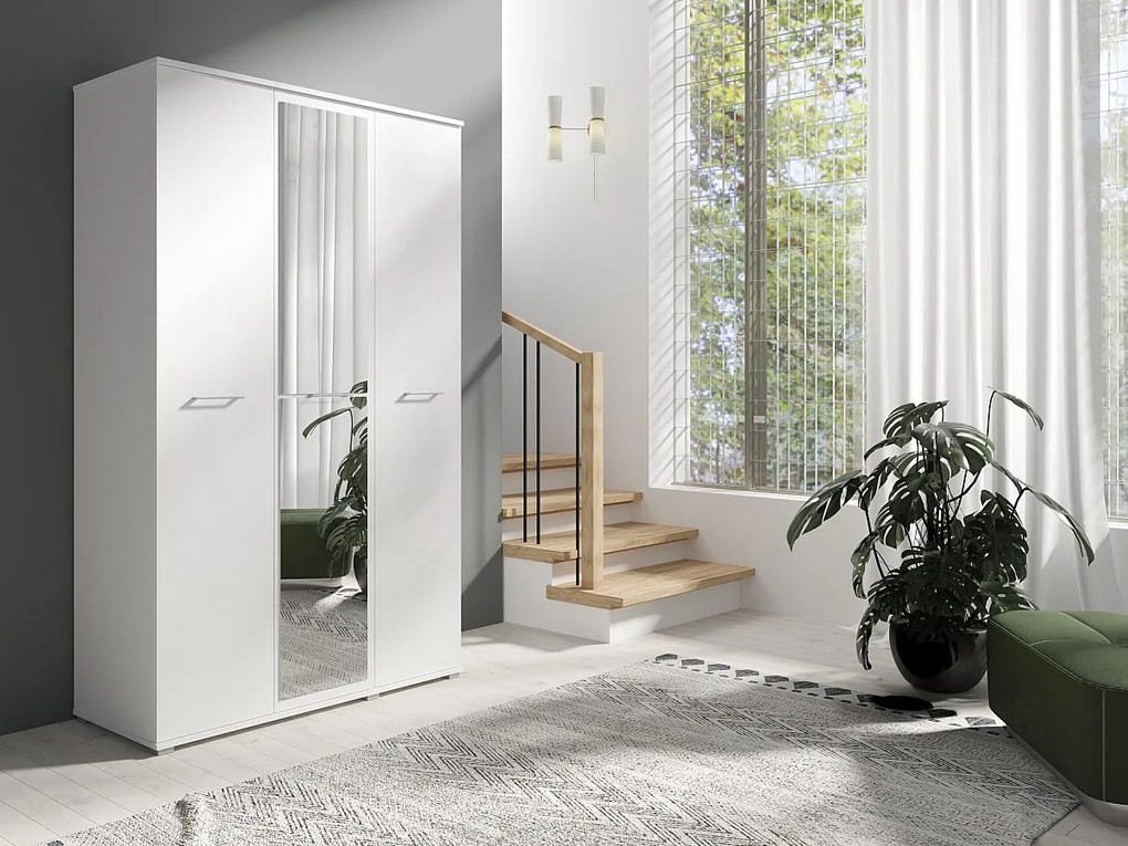Szafa Otwierana Trzydrzwiowa LUSTRO 120cm x 200cm BIAŁA | Półki + Wieszak