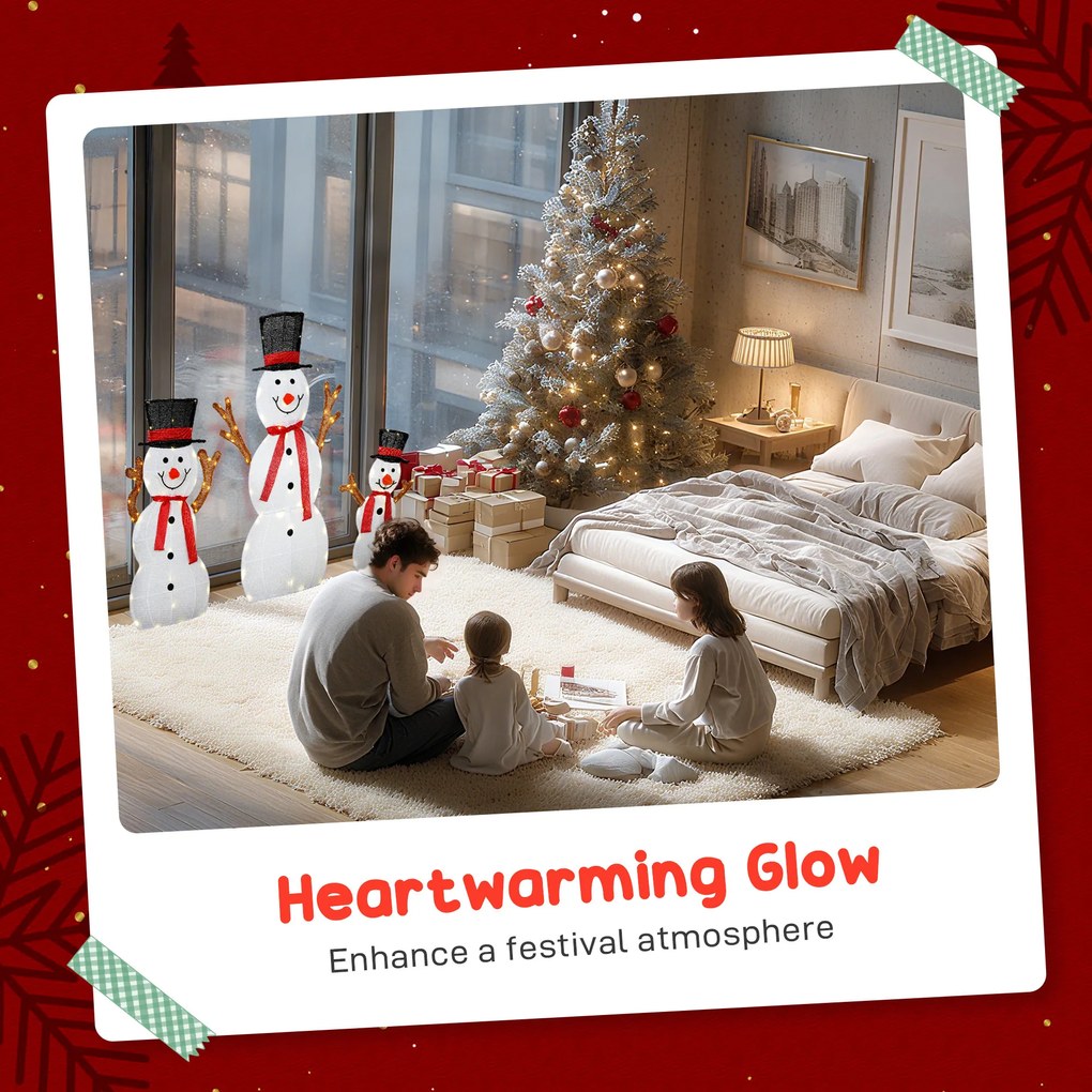 Outsunny 3-częściowa świąteczna dekoracja bałwanków, oświetlenie LED, kołki gruntowe, wodoodporna, stal, poliester, biały | Aosom PL