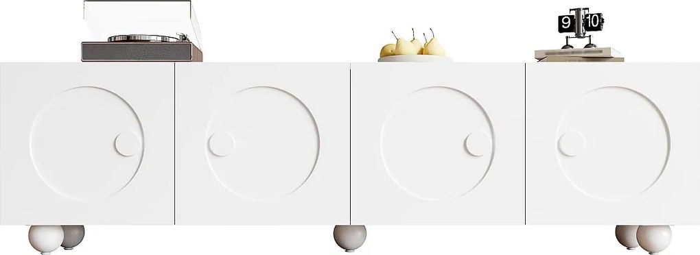 Nowoczesna szafka RTV - 180,5 x 38 x 50 cm - z 4 drzwiami - Unikalny design - Płyta MDF + Płyta wiórowa - Biała