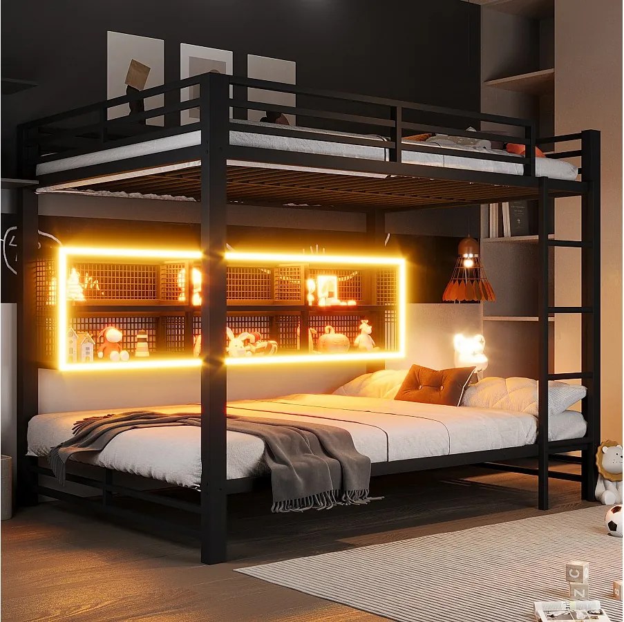 Łóżko piętrowe dla dzieci - 2 x 140 x 200 cm - z półką + diody LED - metalowe - czarne