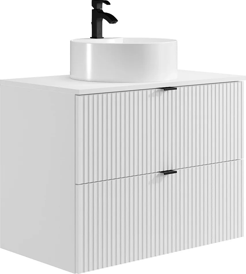 Szafka łazienkowa wisząca  ryflowana z okrągłą umywalką nablatową - Biały mat - 80 cm - ZEVINI