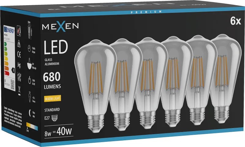 Mexen Vintis 6x żarówka filament LED E27, ST64, 8W, Ciepła - 2700K, 680 lm, smoke - L152-E27-0827-70x06