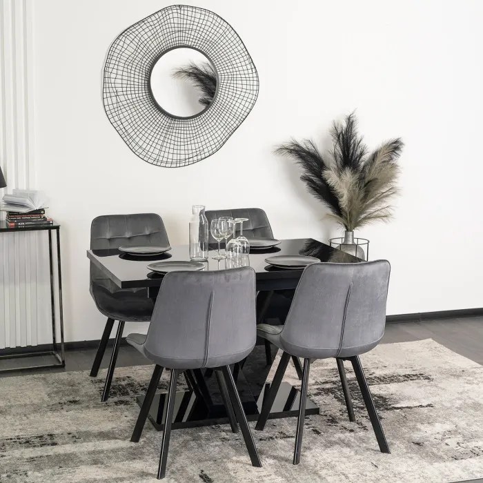 Zestaw Stół Prostokątny Rozkładany CLARK 120-160 cm Czarny Połysk i 4 Krzesła Tapicerowane RICK Szare Welurowe