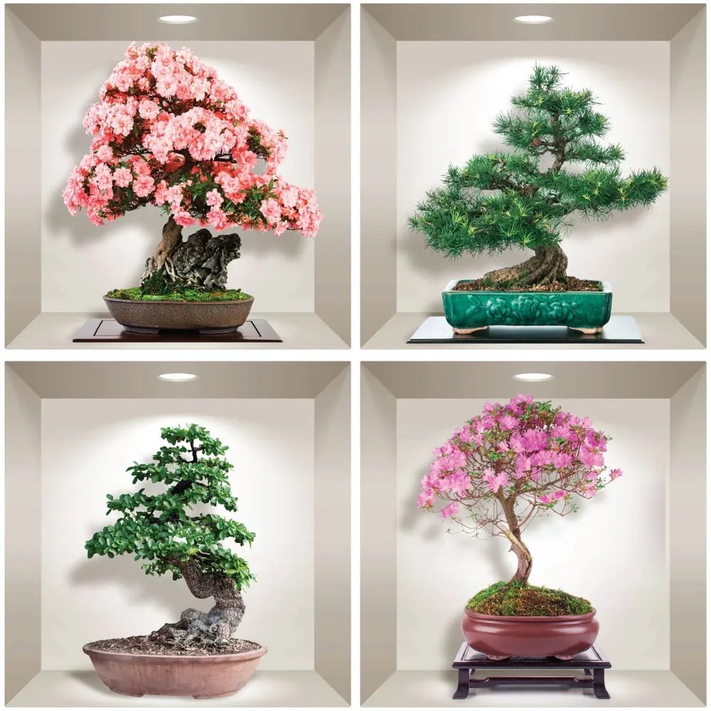 Komplet 4 naklejek ściennych 3D Ambiance Bonsai of Seasons