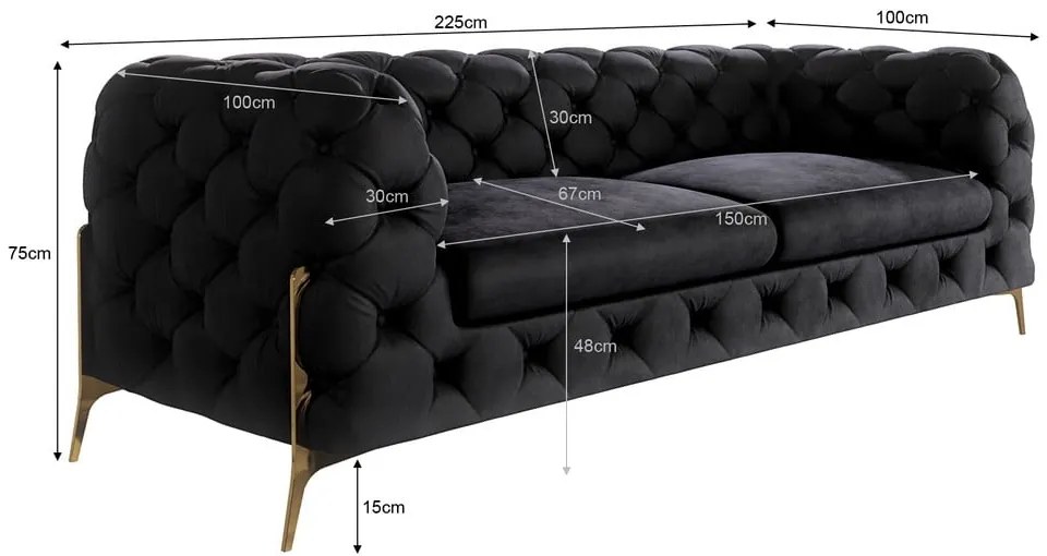 Czarna aksamitna sofa 225 cm Chelsea Bis – Ropez