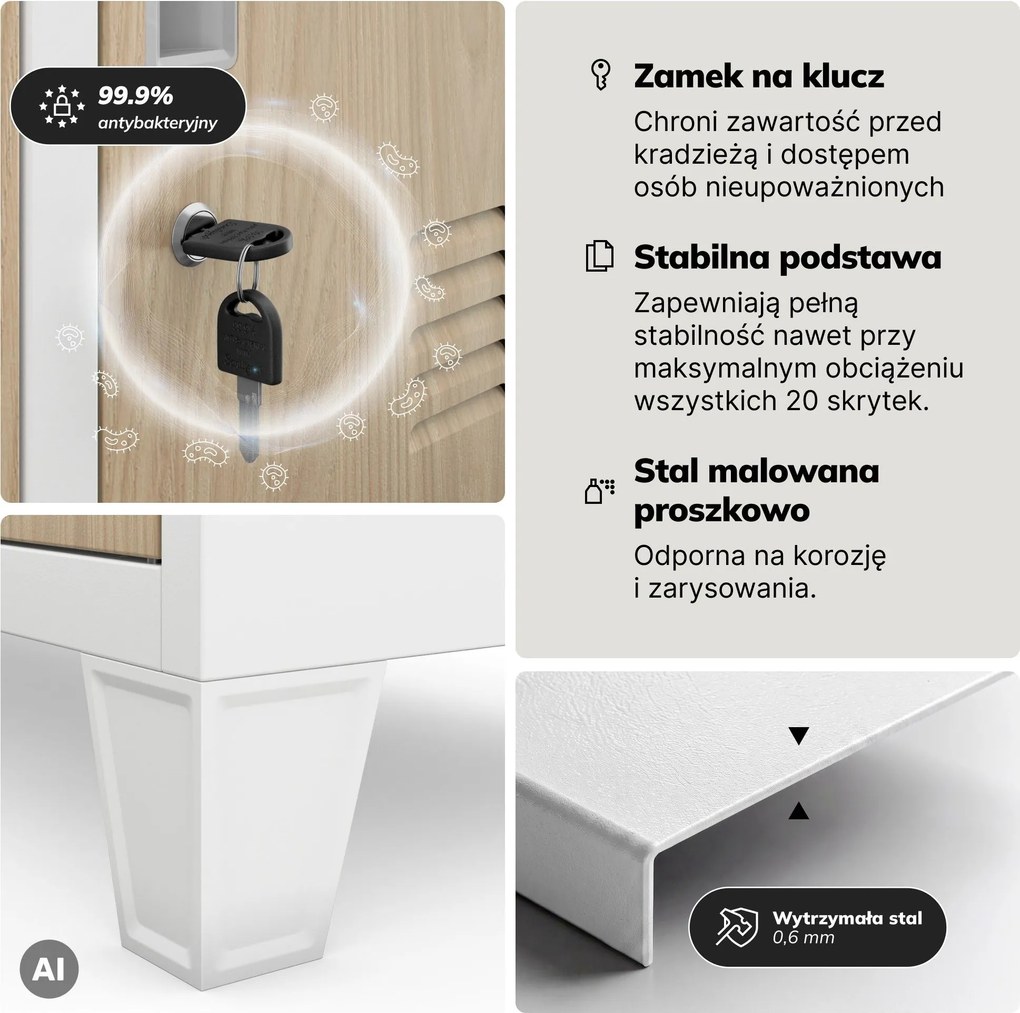 Szafa skrytkowa socjalna 20-skrytkowa na nóżkach biała/dąb sonoma, 1360x1720x450 mm: ROBERT Eco Design