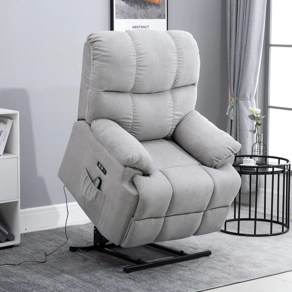 HOMCOM Fotel do masażu z funkcją wstawania i ogrzewania regulowany kąt nachylenia z pilotem szary pluszowy | Aosom PL