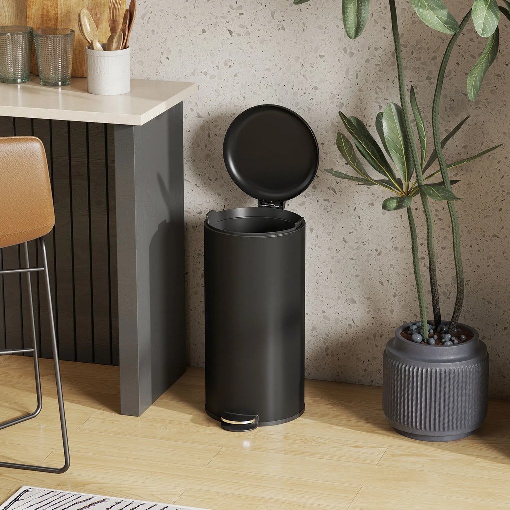 HOMCOM Kosz na śmieci 30 l pedałowy z pokrywą, wkładem wewnętrznym, funkcja miękkiego domyku 36 x 30 x 63,5 cm, czarny | Aosom PL