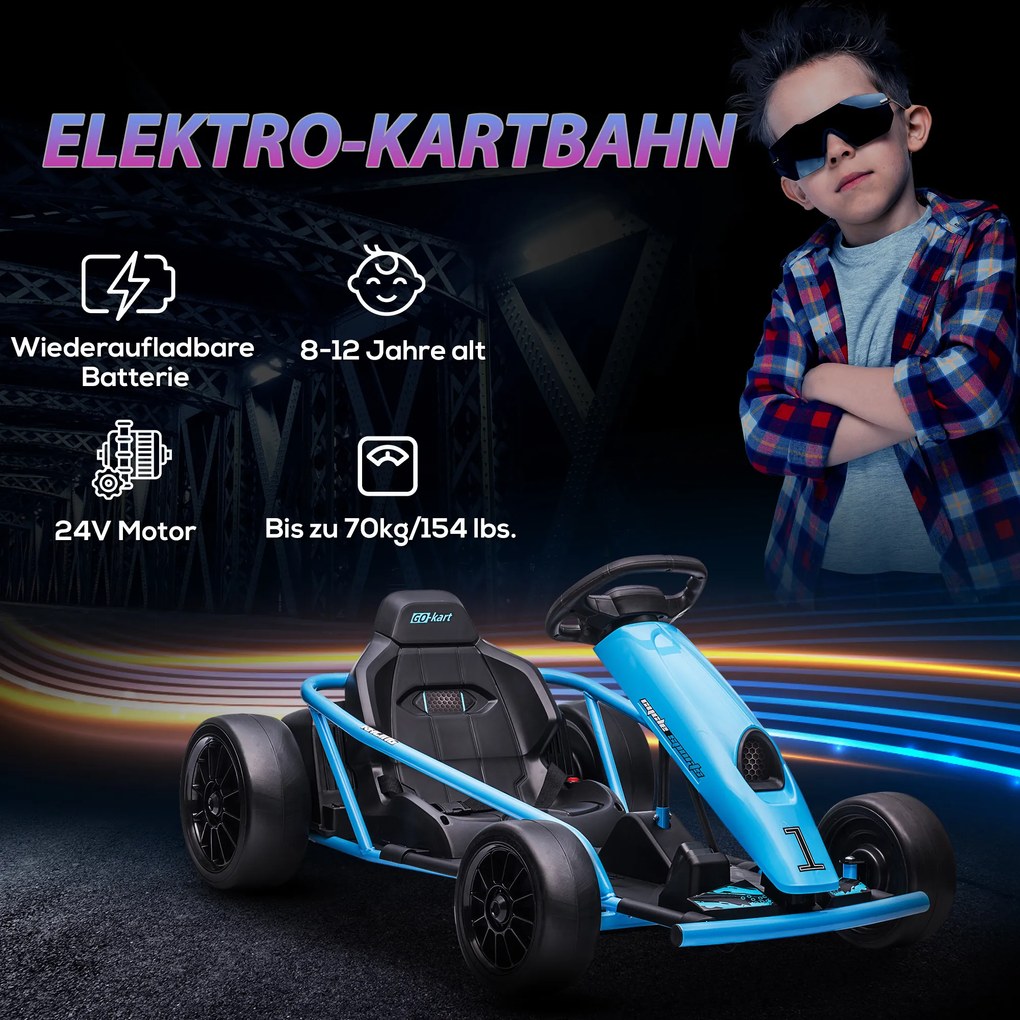 HOMCOM Elektryczny Gokart dla Dzieci z Funkcją Driftu, Klakson, Muzyka, Pas Bezpieczeństwa, Miękki Start, Niebieski/Czarny