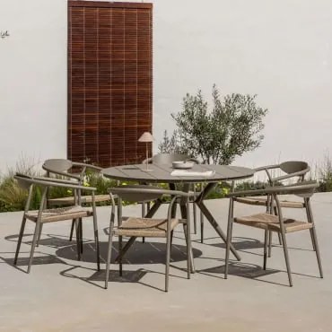 Zestaw Stołu Aluminiowego Valerie Round (ø125 Cm) I 6 Krzeseł Ogrodowych Z Podłokietnikami Z Aluminium I Syntetycznego Rattanu M Mokka Brąz - Sklum