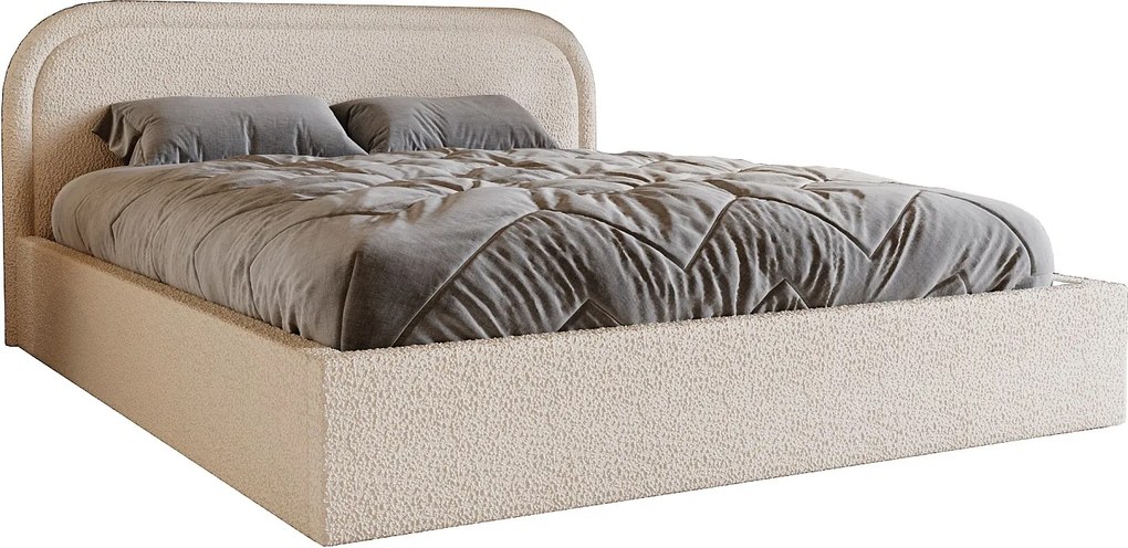 Łóżko bouclé 160x200 Dune, dwuosobowe z okrągłym zagłowiem, pojemnik, stelaż drewniany - kremowy