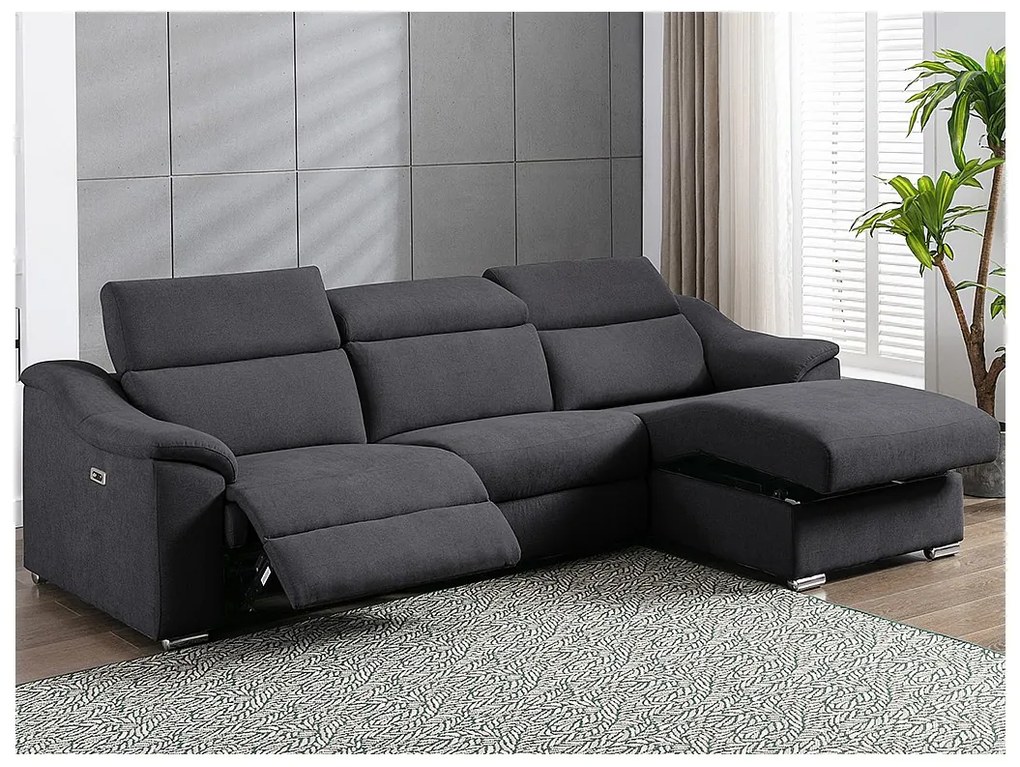 Kanapa narożna PEDRERA z elektryczną funkcją relax z tkaniny w kolorze antracytowym – prawoskrętna