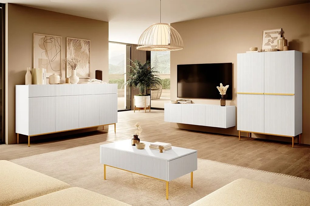 Komoda czterodrzwiowa Nicole 200 cm z szufladami z ryflowanym frontem - biały mat / złote nóżki