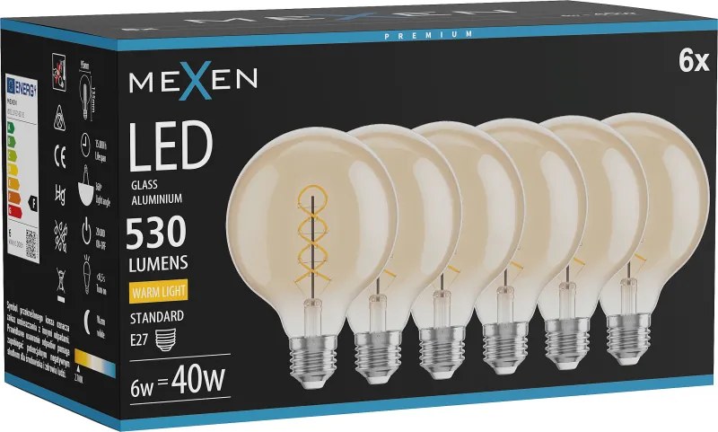 Mexen Vintis 6x żarówka filament spirala LED E27, G95, 6W, Ciepła - 2700K, 530 lm, amber - L167-E27-0627-50x06