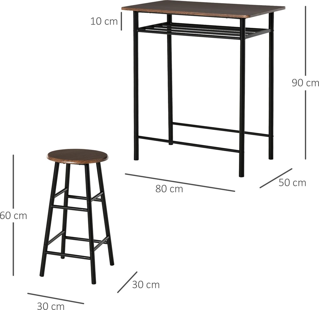 HOMCOM Zestaw Barowy, 3-częściowy, Stół i 2 Stołki, Półka, Design Industrialny, Czarny/Dąb