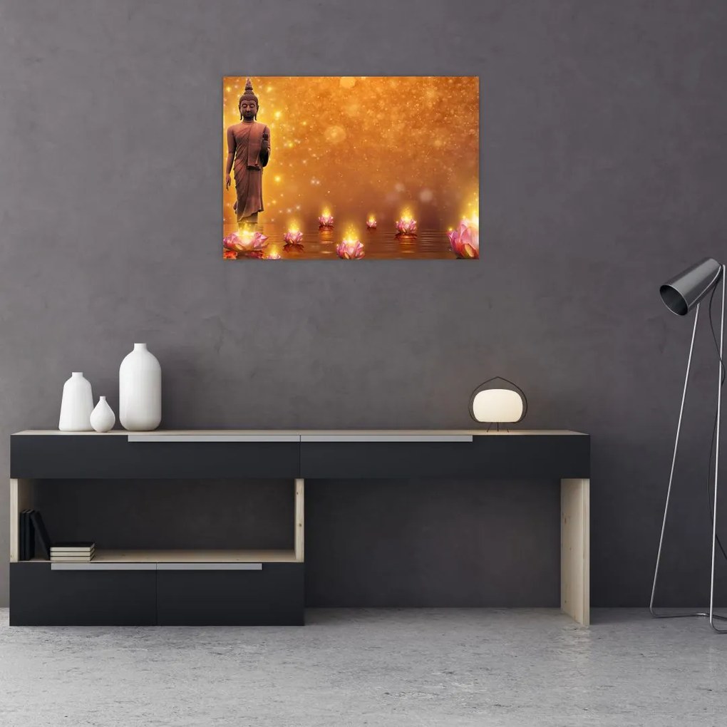 Obraz na szkle - Budda w złotym blasku (70x50 cm)